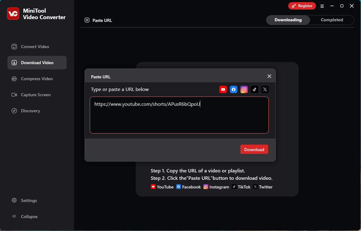 Paste the target YouTube video URL into MiniTool Video Converter