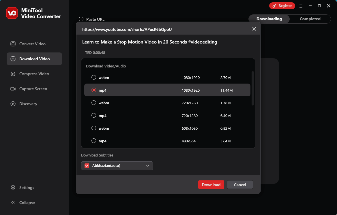 Choose a video format and resolution to download in MiniTool Video Converter