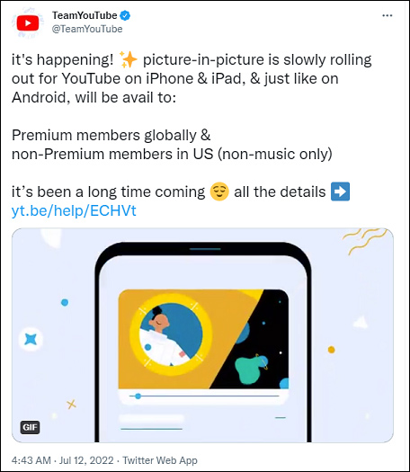 YouTube ピクチャー・イン・ピクチャー機能