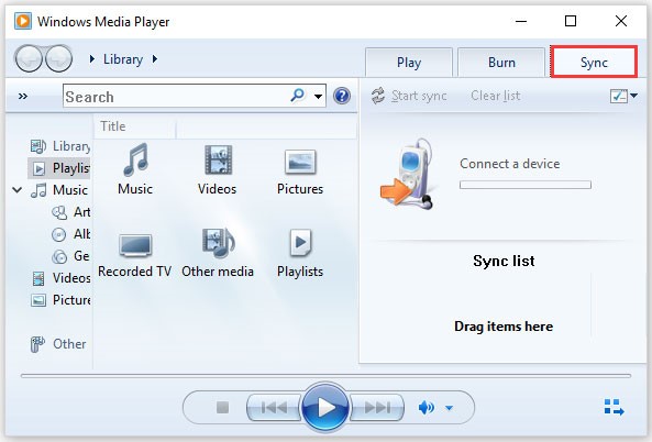 click the Sync button on the interface of Windows Media Player