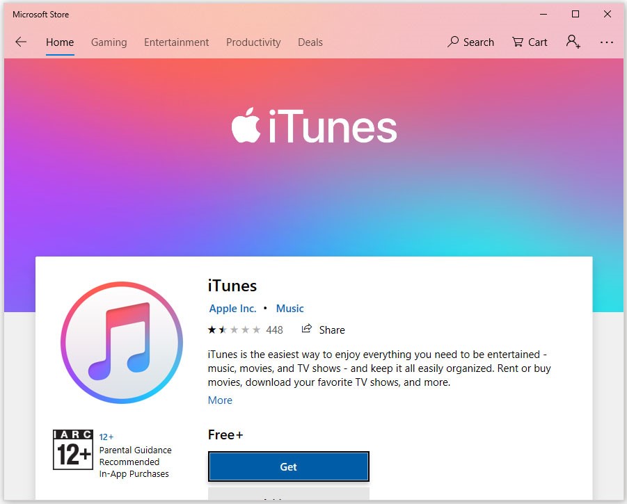 click the Get button to download iTunes