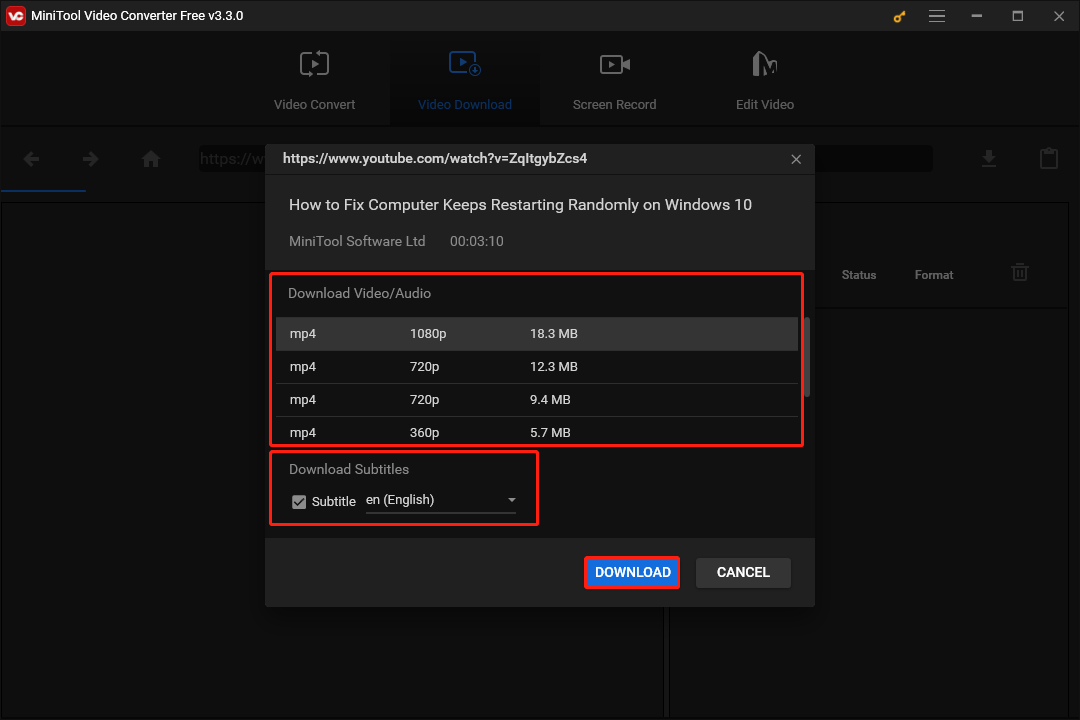 select video format and resolution to download
