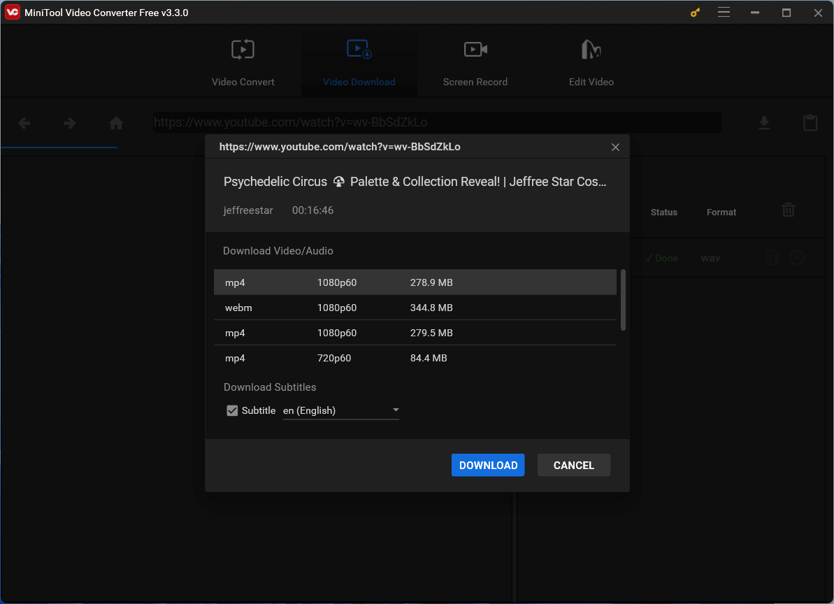 select YouTube video format to download