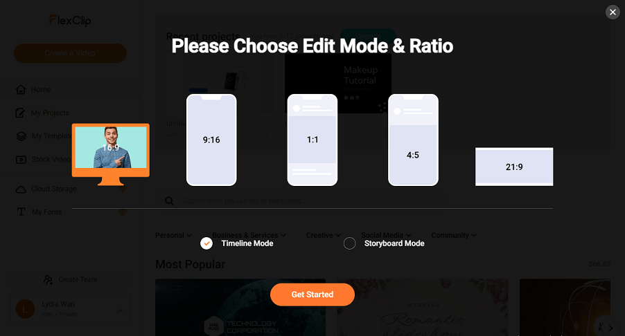 choose an edit mode and video aspect ratio