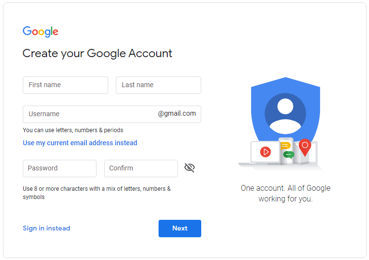 creating a Google Account, entering name and password