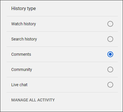 click Comments to see your YouTube comment history