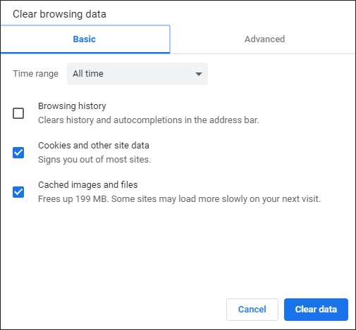 clear cache and cookies