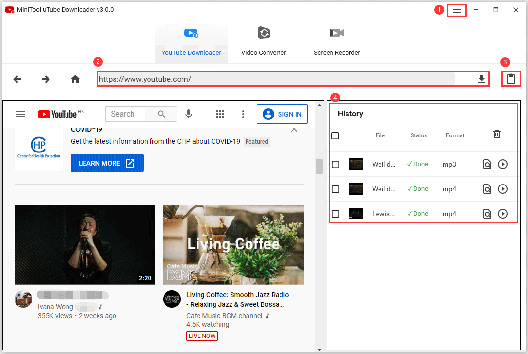 the interface of YouTube Downloader