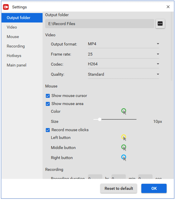 customize more settings for recording screen
