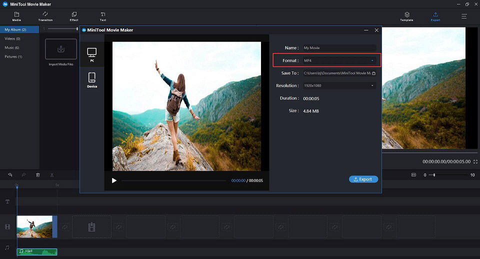 select MP4 as the output format and export the file