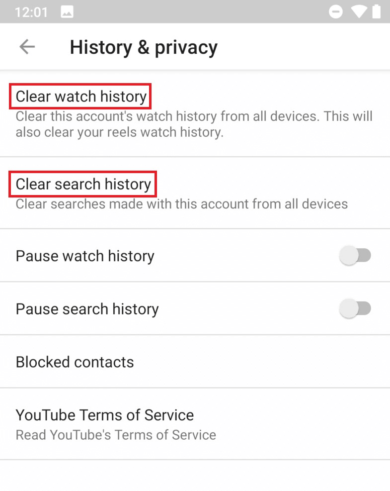 press Clear search history or Clear watch history