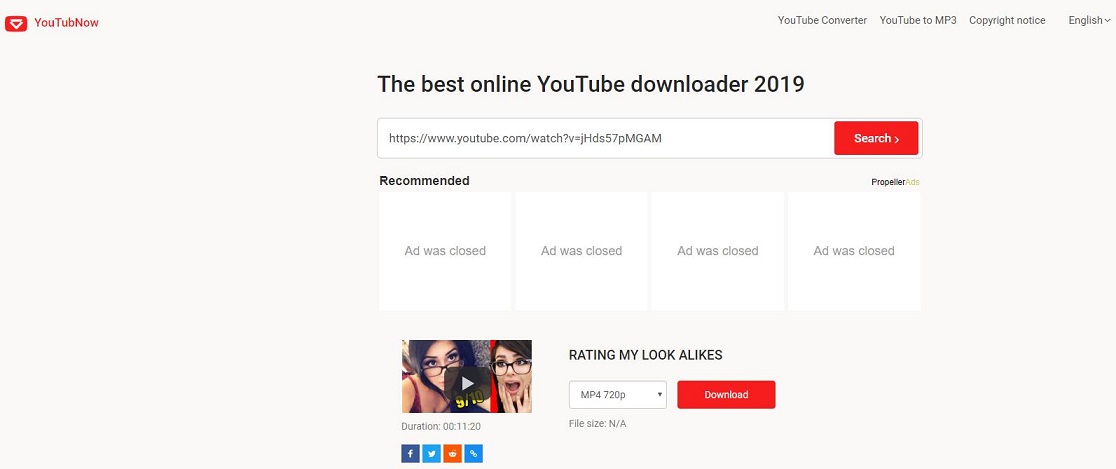 the interface of YouTubNow