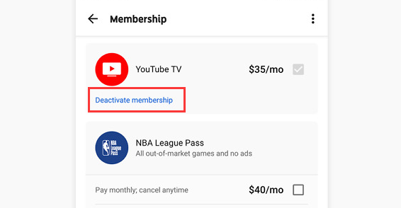  click Deactivate membership under YouTube TV