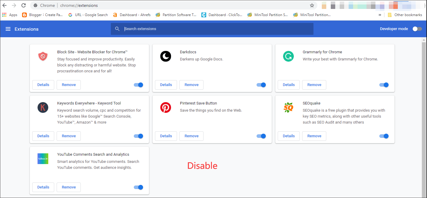 disable Google Chrome extensions