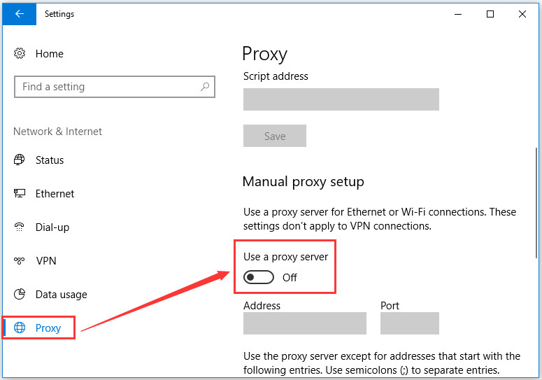 turn the switch off for Use a proxy server