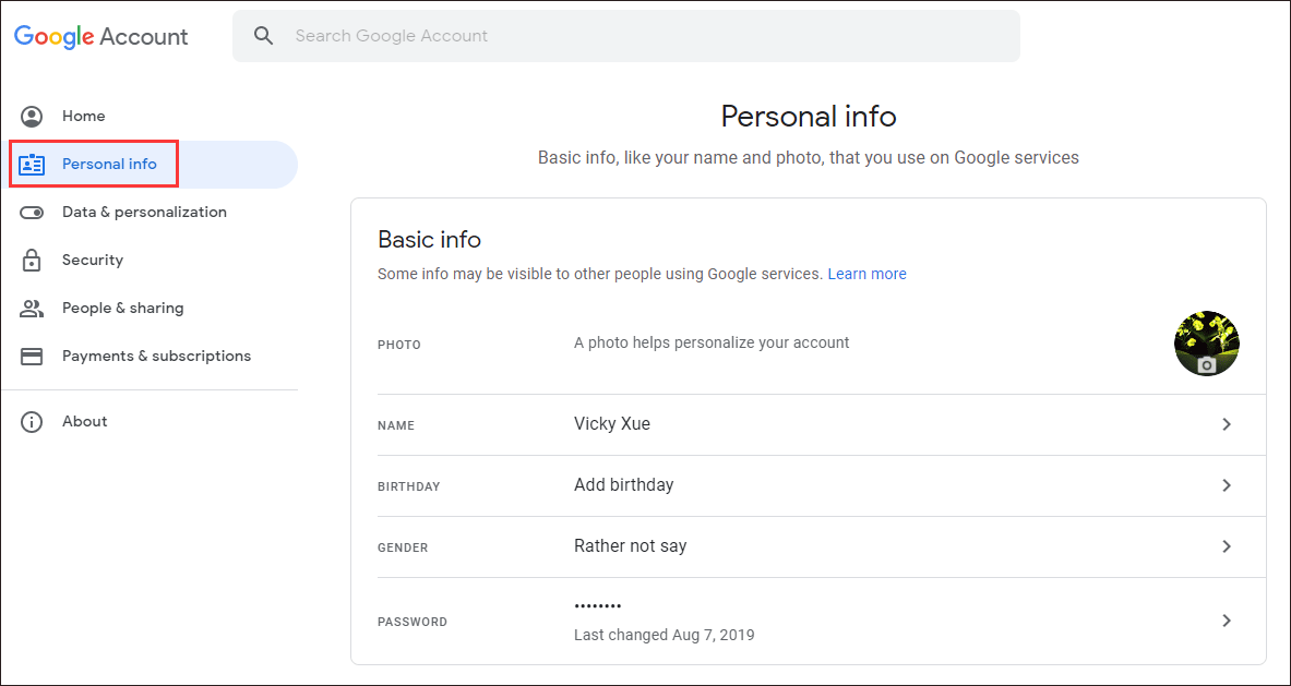 switch to the Personal info tab