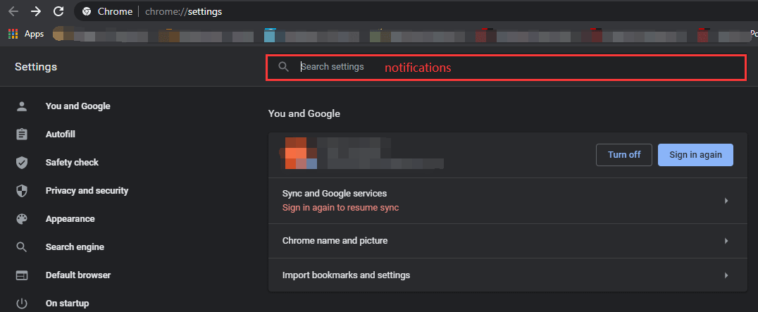 type notification inside the search bar