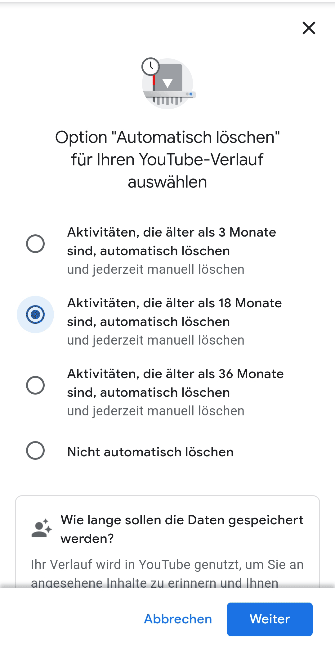 Wählen Sie, wie lange Sie Ihren YouTube-Verlauf aufbewahren möchten