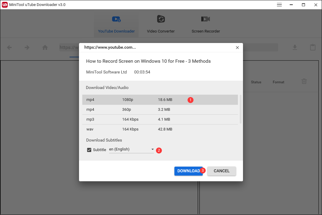 select output format and subtitle to download