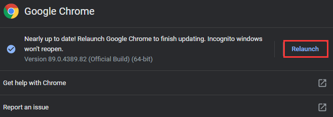 click relaunch button after chrome update