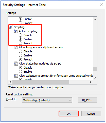 make sure the Active scripting option is enabled