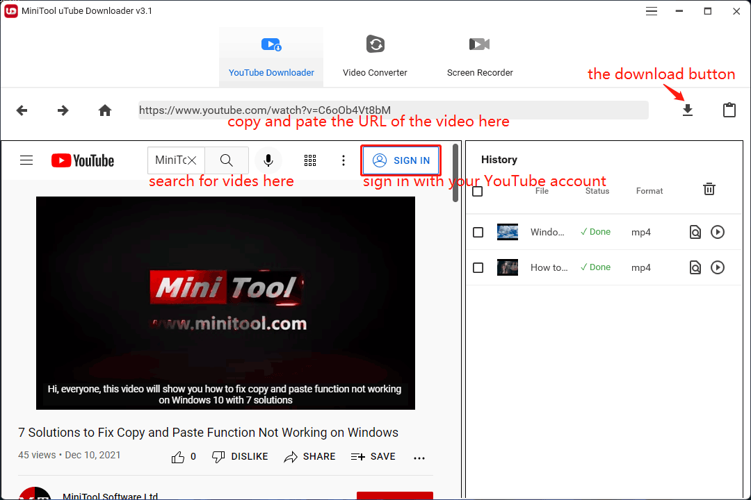 MiniTool uTube Downloader software interface
