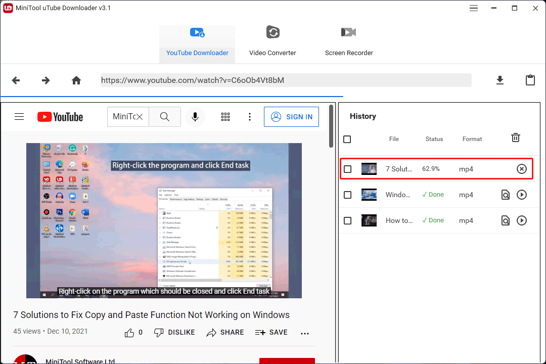 the software is downloading the YouTube video