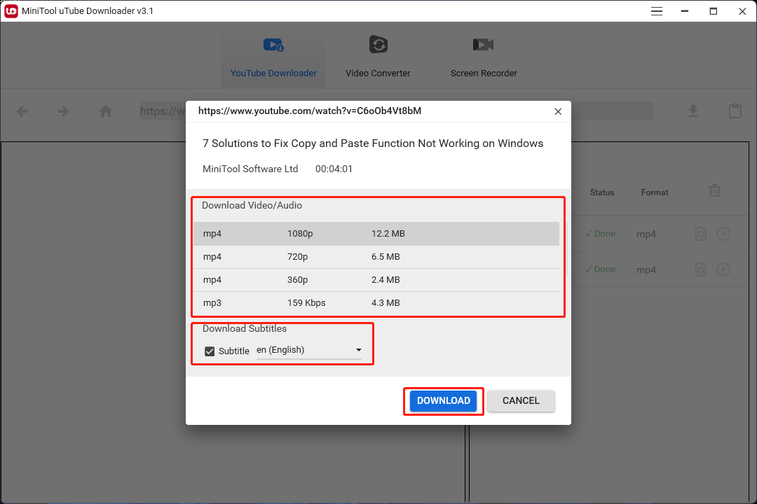 select video format and resolution to download