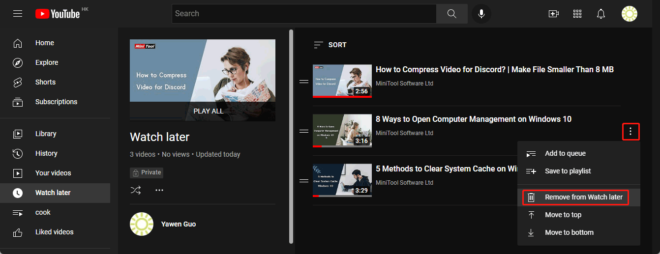 remove a video from Watch later on YouTube