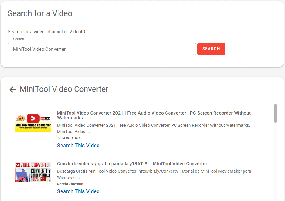 search for a video in YCF Comment Finder
