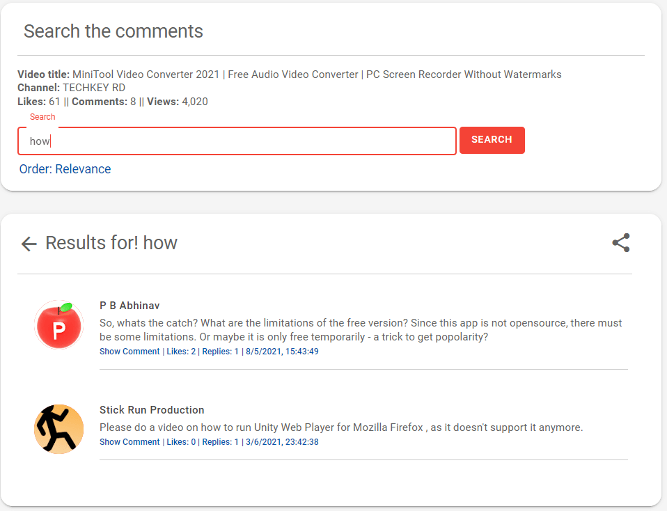 search for comments by YCF Comment Finder