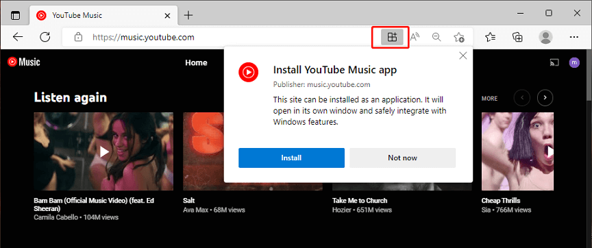 install YouTube Music desktop app in Microsoft Edge
