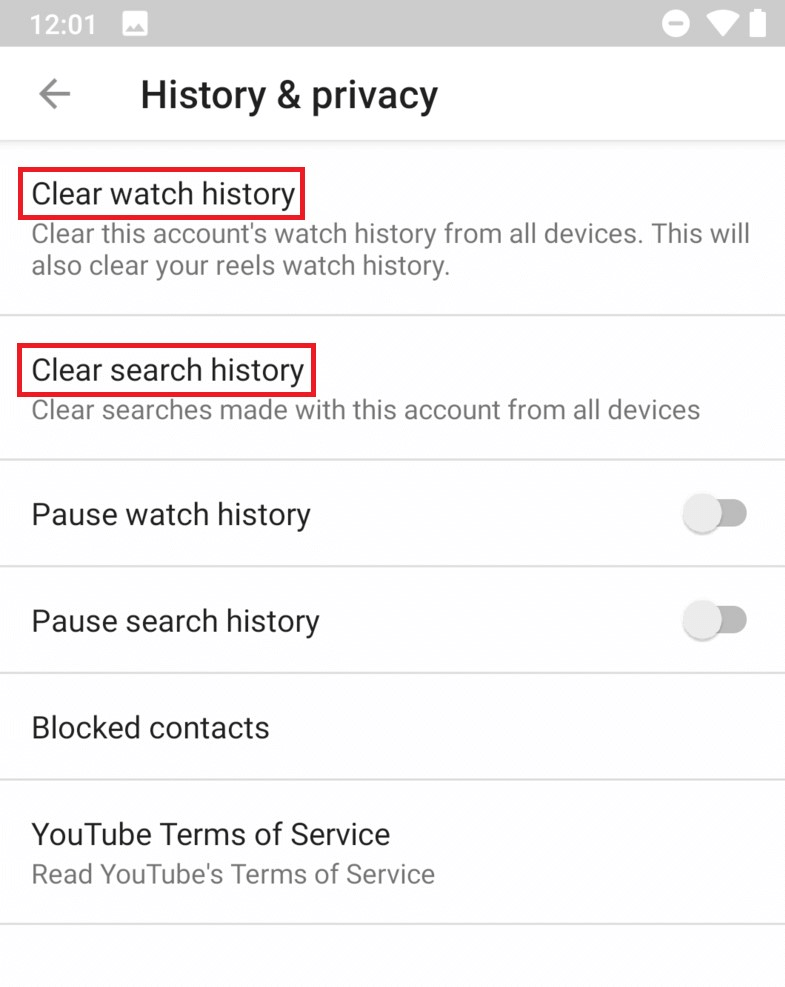 appuyez sur Effacer l'historique de recherche ou Effacer l'historique de la montre
