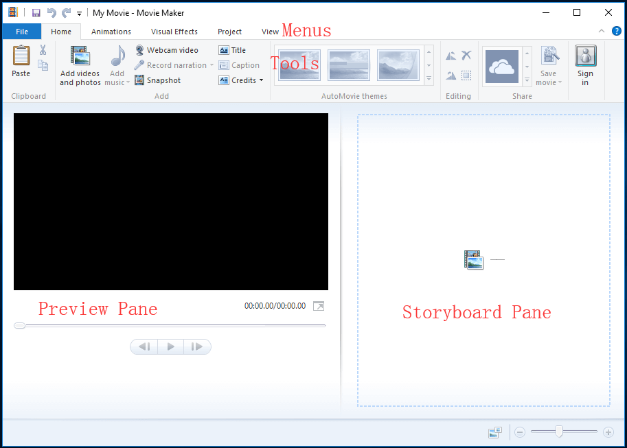 interface principal do Windows Movie Maker