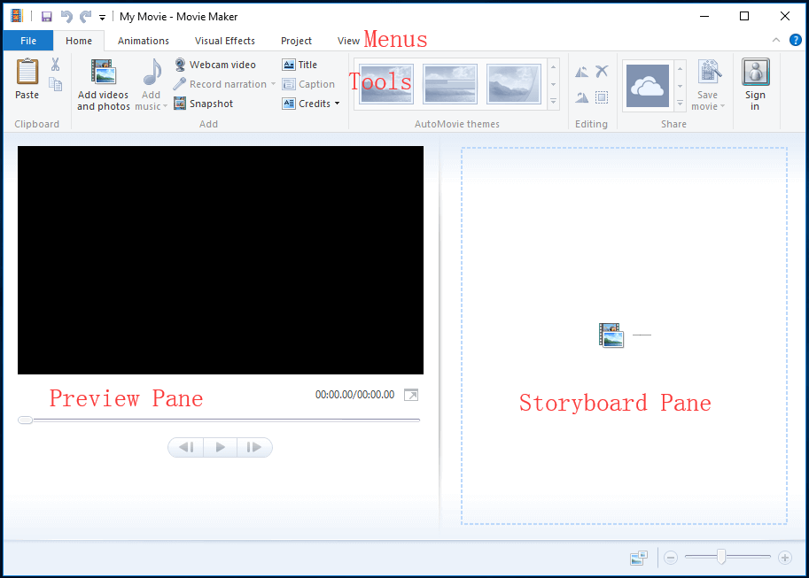 a interface principal do Windows Movie Maker